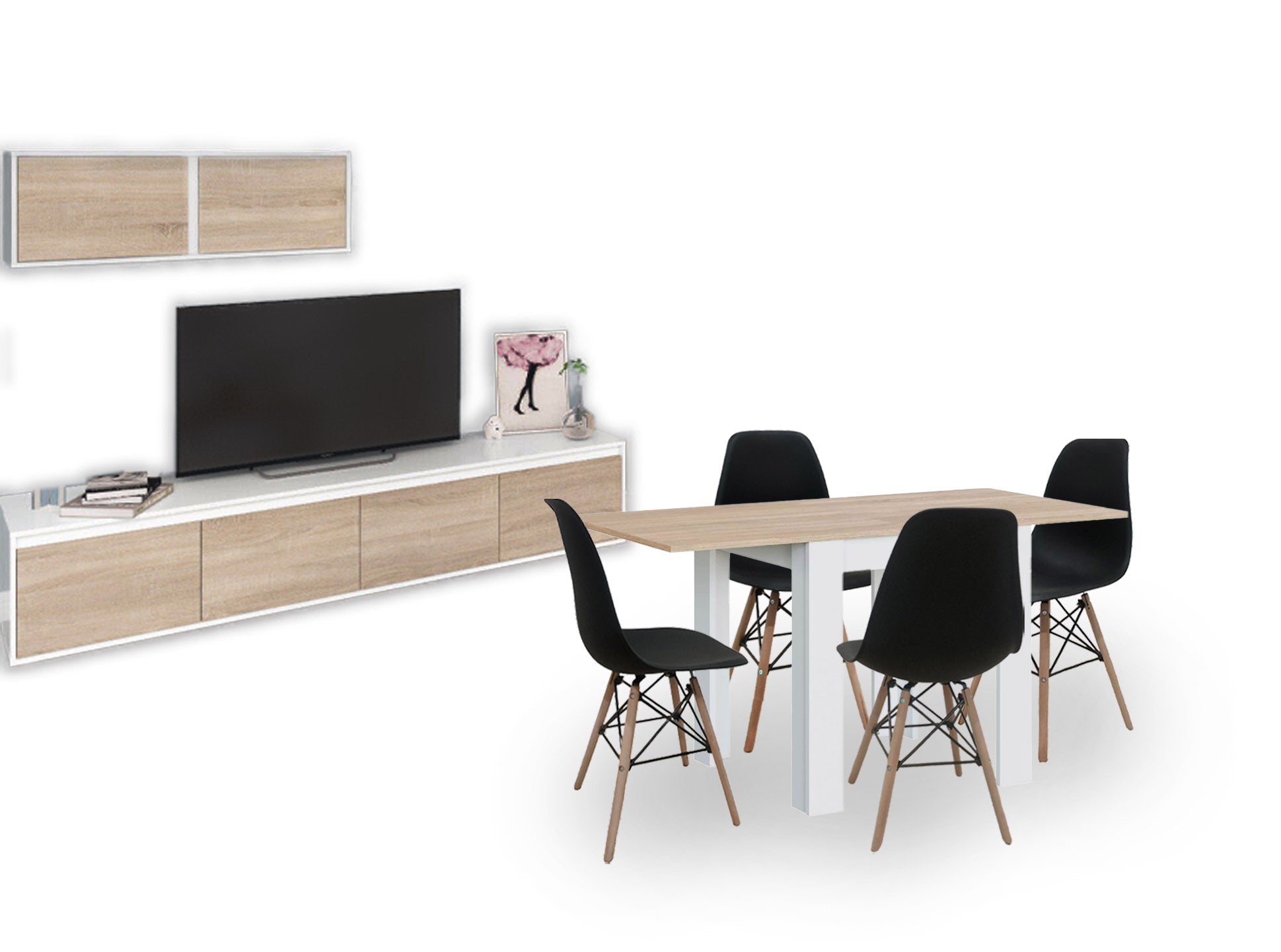 Pack Muebles de Salon Nordico - Conjunto de Salon + Mesa Extensible + Sillas