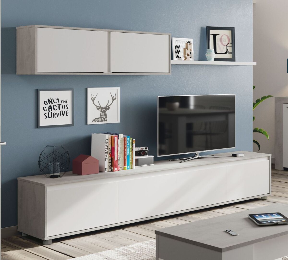 Conjunto Muebles de Salon Alida 200x43cm. Blanco y Cemento