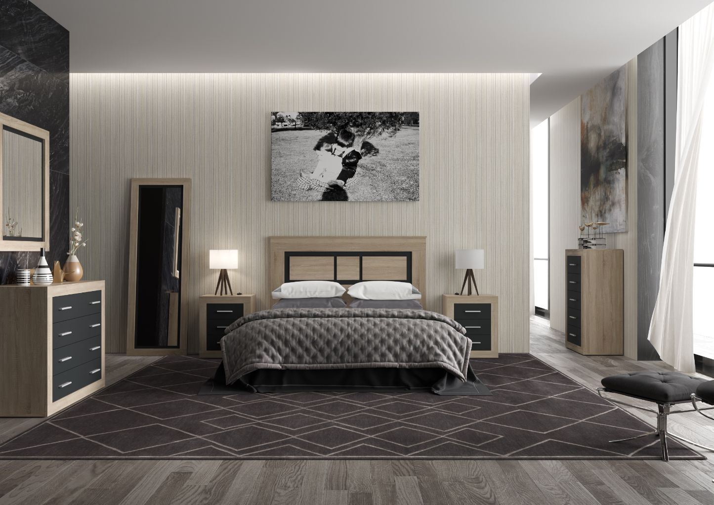 Conjunto de dormitorio moderno: cabecero, 2 mesitas, cómoda, espejo - Lara  01 - Don Baraton: tienda de sofás, colchones y muebles