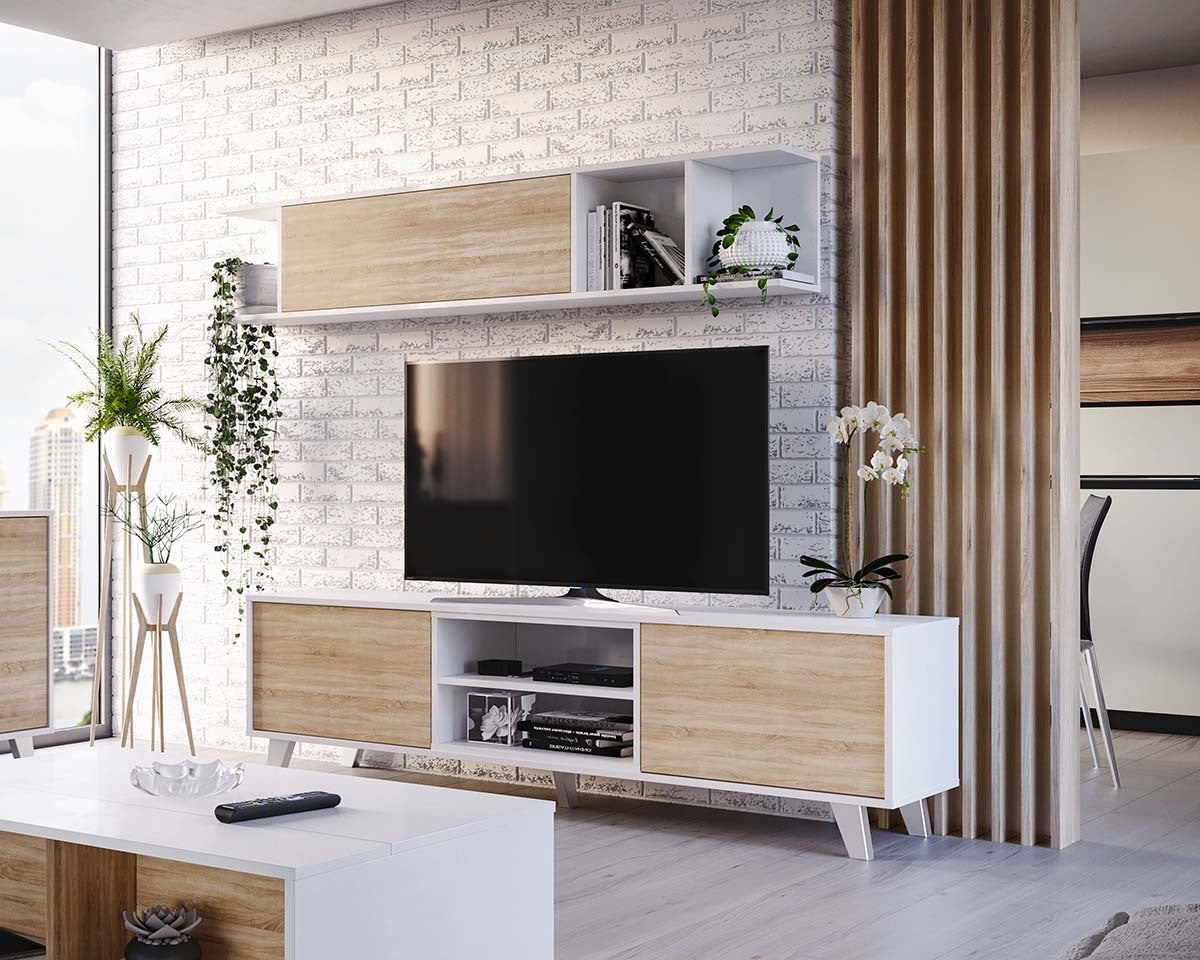 Mueble de salón Modular Barato Mini Acabado en Color Roble y Blanco diseño  Moderno con Mueble TV y Columna Lateral : : Hogar y cocina