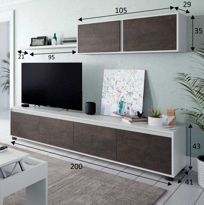 Conjunto Muebles de Salon Alida 200x43cm. Blanco y Wengue