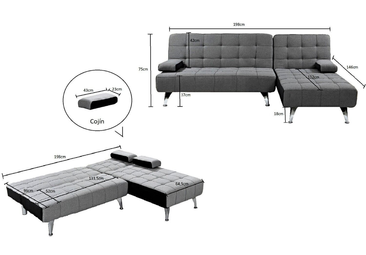 Pack Sofa Chaise Longue + Mesa de Cristal Templado + 4 Sillas