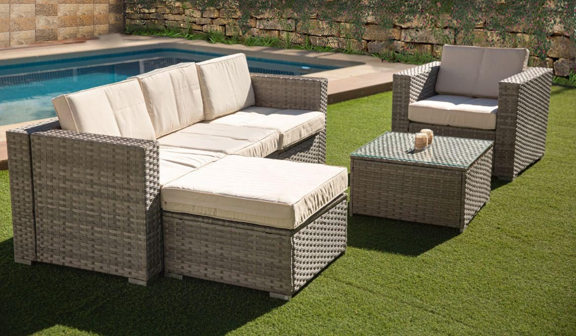 Sofa Chaise Longue + Sillon + Mesa de Ratan PE. Muebles de Jardin y Terraza