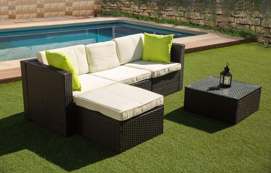 Sofa Chaise Longue de Ratan PE + Mesa Greca. Muebles de Jardin y Terraza