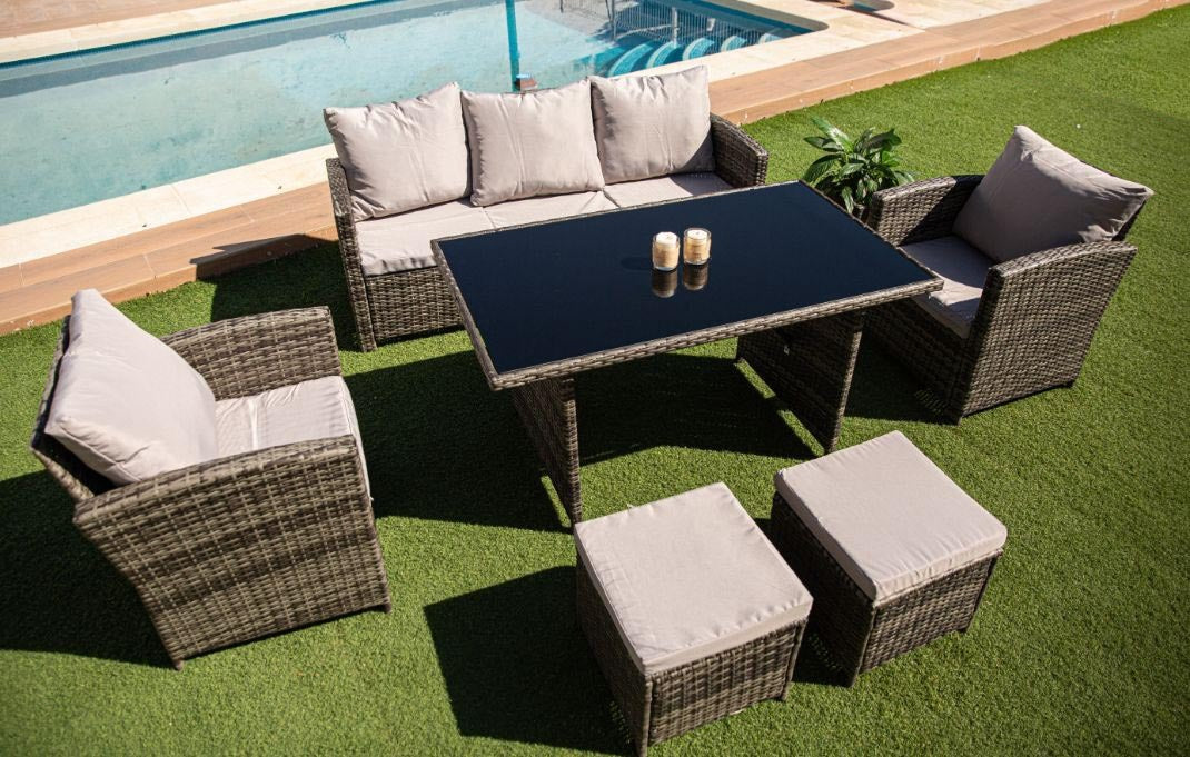 Sofa + Mesa + 2  Sillones+ 2 pufs de Ratan. Muebles de Jardin y Terraza