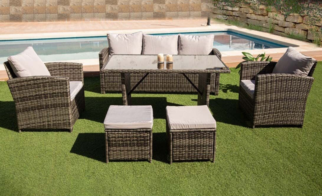 Sofa + Mesa + 2 Sillones+ 2 pufs de Ratan PE. Muebles de Jardin y Terraza