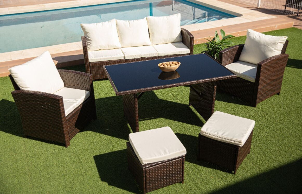 Sofa + Mesa + 2 Sillones+ 2 pufs de Ratan PE. Muebles de Jardin y Terraza
