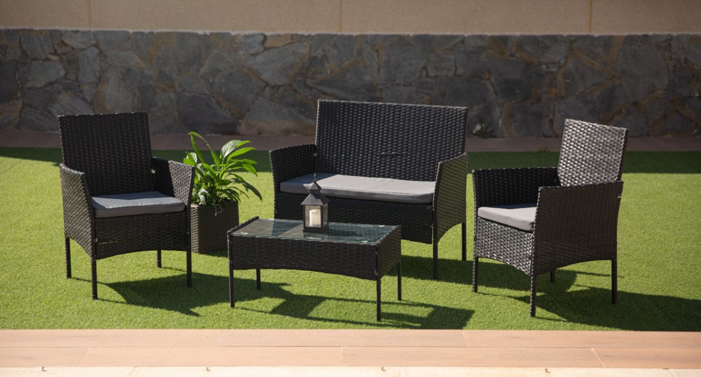 HOMPUS Muebles de patio sofá seccional con mesa para fogata, juego de  muebles de exterior de 6 piezas con mesa de fuego de propano de 32 pulgadas  y