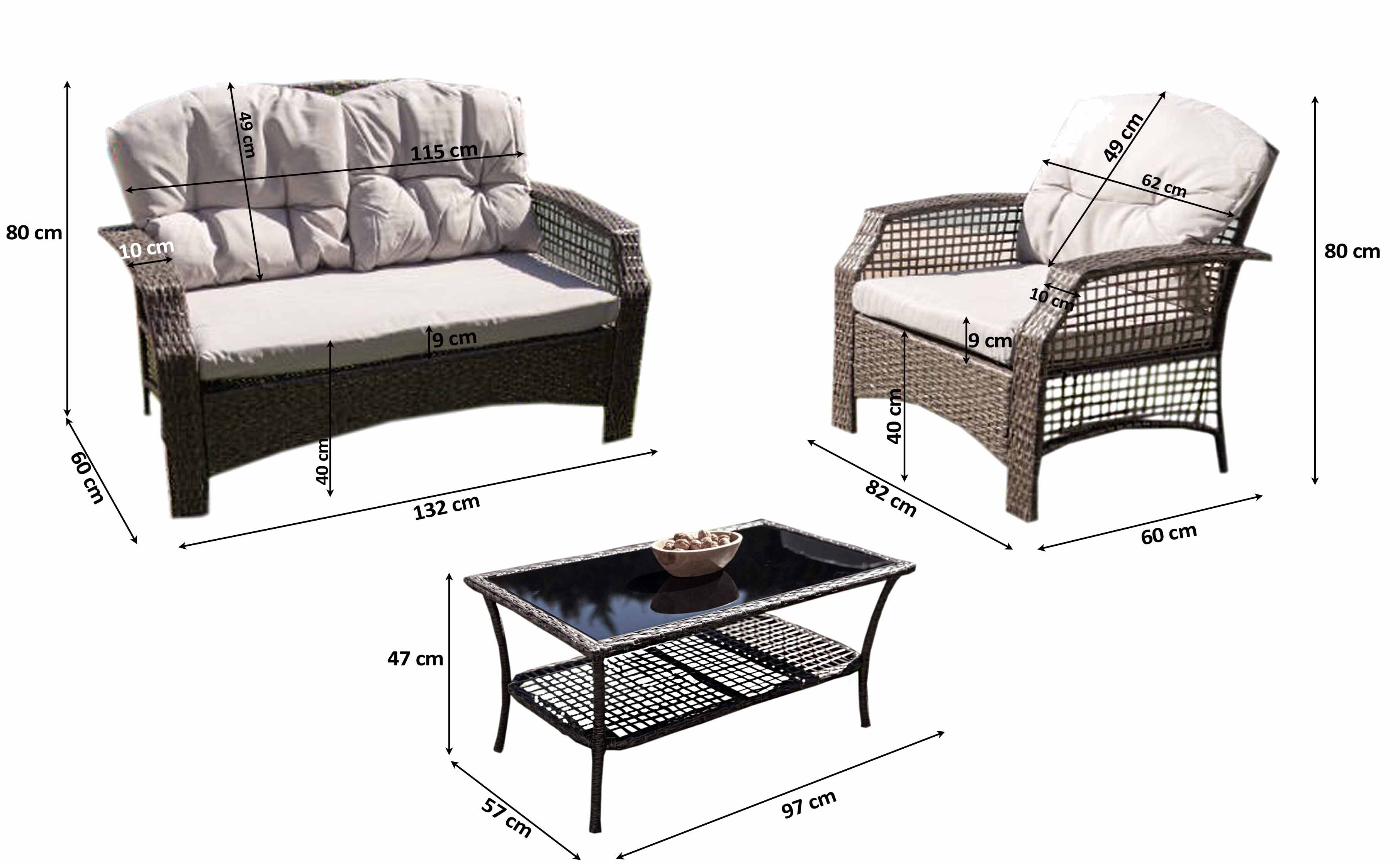 Sofa + 2 Sillas  + Mesa de Ratan PE. Muebles de Jardin y Terraza